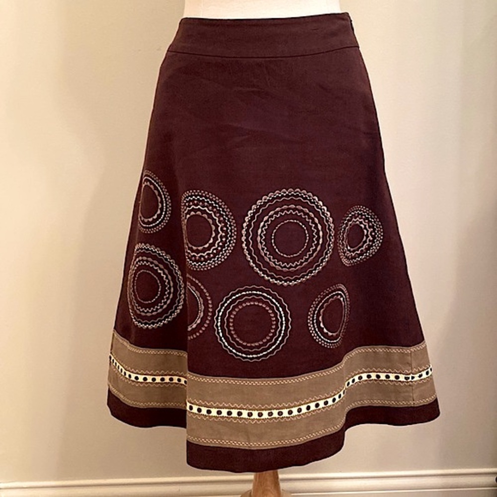 Talbots Brown Circle Embroidered 100% Linen Lined Casual Skirt Size 6